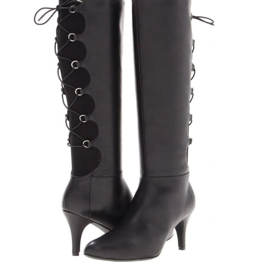 Taryn Rose Sexy Knee High Tiara Corset Lace Back Black Leather Boots NWOT Size 8